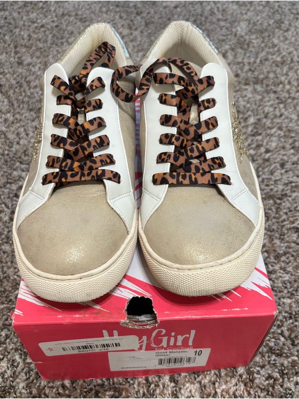 Corkys Gold and White Sneakers with Leopard Laces